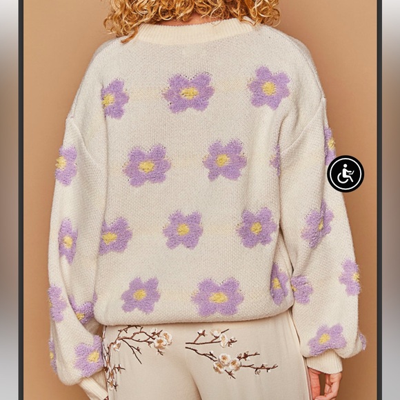 POL Cream & Purple Daisy Balloon Sleeve Sweater - Picture 3 of 3
